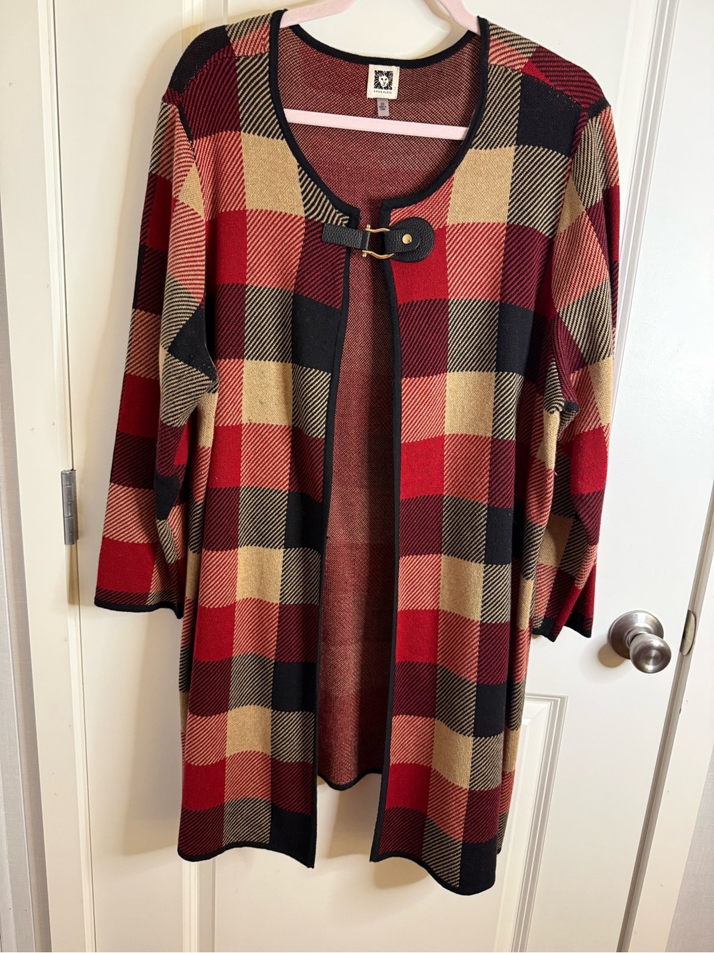 Anne Klein 3X Plaid Long Cardigan Coatigan Red Tan Black Buckle Plus Size